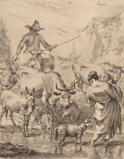 Flock som korsar bäcken. av Nicolaes Berchem