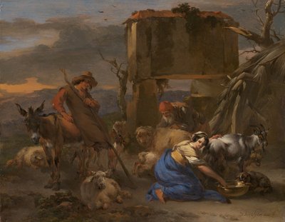 Pastoral scen med en herdinna som mjölkar en get av Nicolaes Berchem