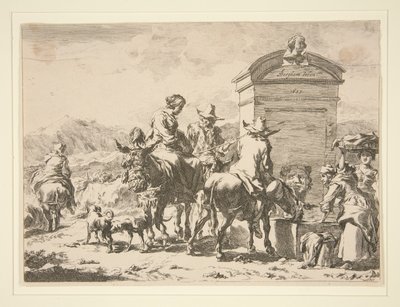 Untitled - Genrescen med människor på åsnor och en gravsten av Nicolaes Berchem
