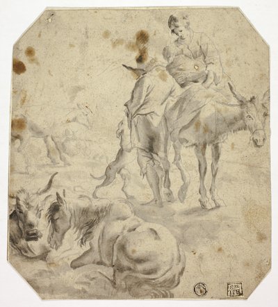 Kvinna och barn på åsna, man, hundar, hästar av Nicolaes Berchem