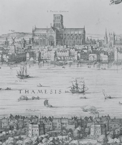 Panorama över London och Themsen, detalj från del två som visar St. Pauls Cathedral och Globe Theatre, c.1600 gravyrdetalj av 7214 av Nicolaes Jansz Visscher