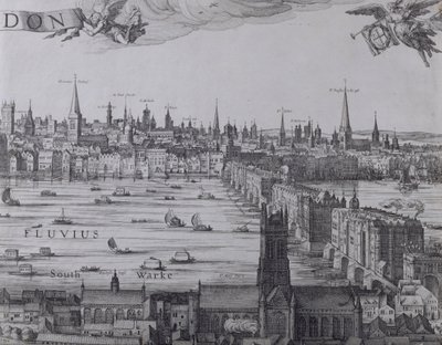 Panorama över London och Themsen, del tre som visar Southwark, London Bridge och kyrkorna i staden, ca 1600 (se även 7214, 64730 och 64732) av Nicolaes Jansz Visscher