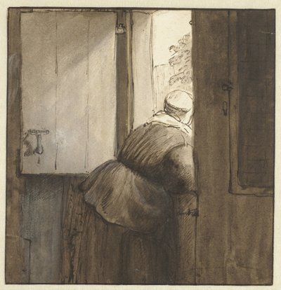 Kvinnan lutade sig under dörren av Nicolaes Maes (possibly)