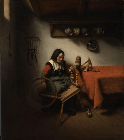 Gammal kvinna spinning av Nicolaes Maes