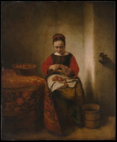 Ung kvinna som skalar äpplen av Nicolaes Maes