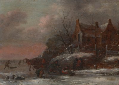 Ett vinterlandskap med figurer som åker kälke på en frusen flod av Nicolaes Molenaer