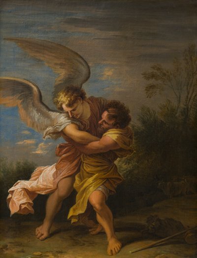 Jakob brottas med ängeln, ca 1640-83 (olja på duk) av Nicolaes Pietersz (attr.to) Berchem