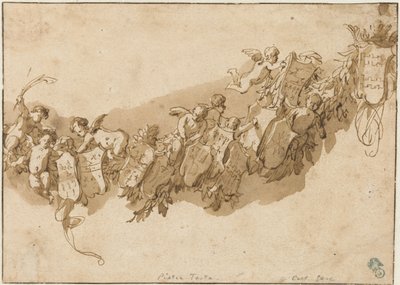 Heraldisk krans omgiven av änglar av Nicolaes Pietersz Berchem (possibly)