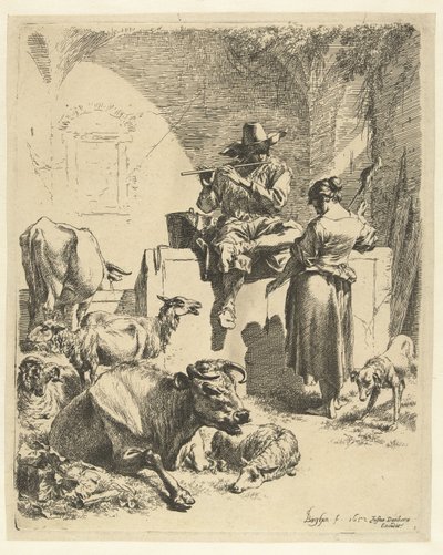 Herde som spelar flöjt och spinnare av Nicolaes Pietersz Berchem