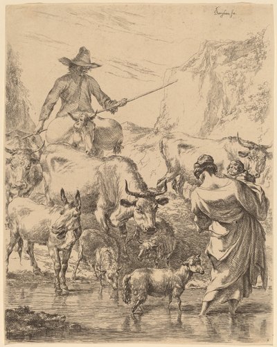 Flock som korsar bäcken av Nicolaes Pietersz Berchem