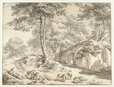 Herde med får vid en ruin mellan träd av Nicolaes Pietersz Berchem