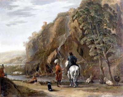 Italienskt landskap med figurer och en häst på en väg av Nicolaes Pietersz. Berchem