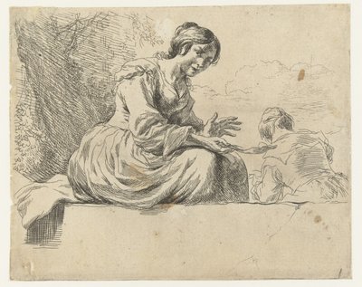 Ung kvinna sitter på en sten Får (serietitel) Animalia ad vivum delineata et aqua forti aeri impressa Studio et Arte Nicolai Berchemi (serietitel) av Nicolaes Pietersz Berchem