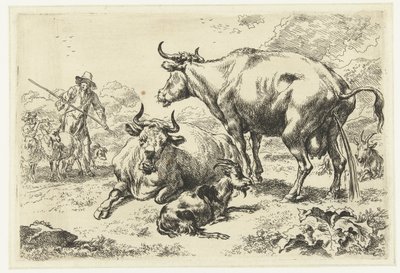 Liggande och en pissande ko Djur (serietitel) av Nicolaes Pietersz Berchem