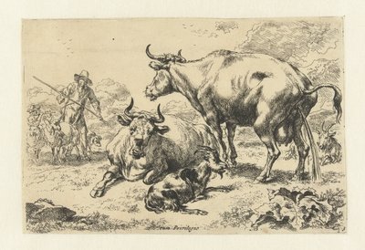 Liggande och en pissande ko Djur (serietitel) av Nicolaes Pietersz Berchem