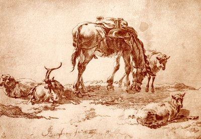 Betesmark med åsna, get och får av Nicolaes Pietersz. Berchem