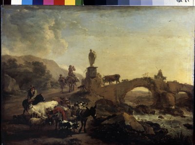 "Italienskt landskap med en liten bro" Målning av Nicolaes (Claes) Pietersz Berchem den äldre (1620-1683) 1656 Mått 44,5x61 cm Eremitagemuseet, Sankt Petersburg av Nicolaes Pietersz. Berchem