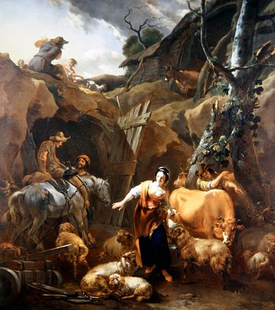 Bönder i ett stenigt landskap utanför en gruva av Nicolaes Pietersz. Berchem