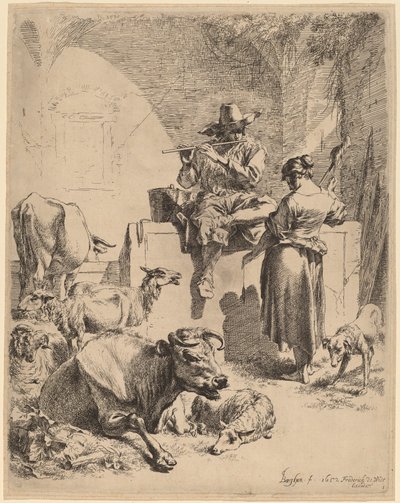 Herden som sitter på en fontän och spinnaren av Nicolaes Pietersz Berchem