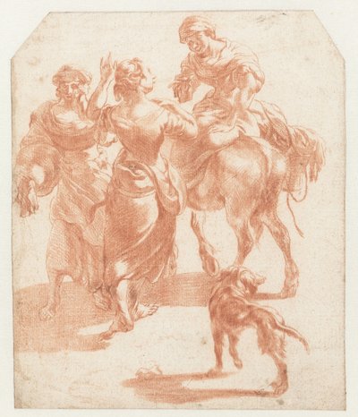 Två kvinnor som går och en kvinna på en åsna av Nicolaes Pietersz Berchem