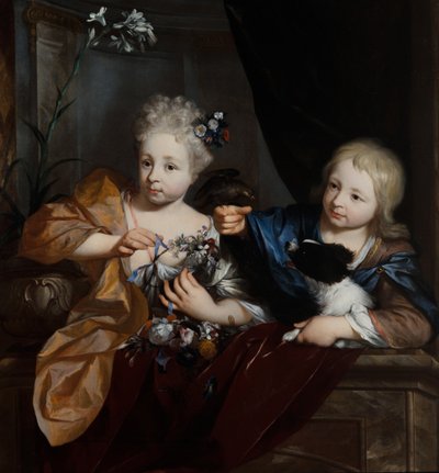 En ung pojke och flicka i en arkitektonisk miljö av Nicolaes Verkolje