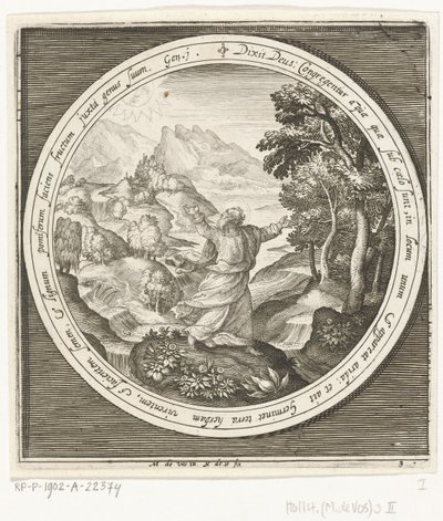 Tredje skapelsens dag: Gud skapar mark och fröbildande växter och träd med frukter som bär frön Från skapelse till utvisning från paradiset (serietitel) av Nicolaes de Bruyn