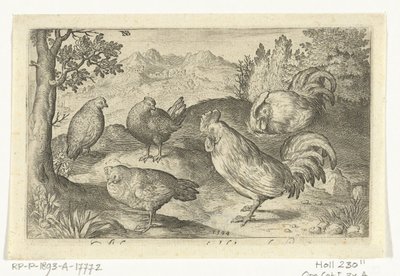 Tre höns och två tuppar Fåglar och insekter (serietitel) av Nicolaes de Bruyn