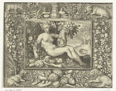 Element jord som naken kvinna med ymnighetshorn Terra (titel på objekt) De fyra elementen (serietitel) av Nicolaes de Bruyn