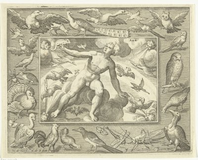 Element av luft som en ung man på moln mellan flygande fåglar Aer (titel på objekt) De fyra elementen (serietitel) av Nicolaes de Bruyn