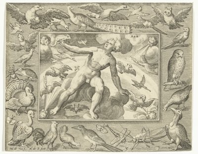 Element luft som en ung man på moln mellan flygande fåglar Air (titel på objekt) De fyra elementen (serietitel) av Nicolaes de Bruyn