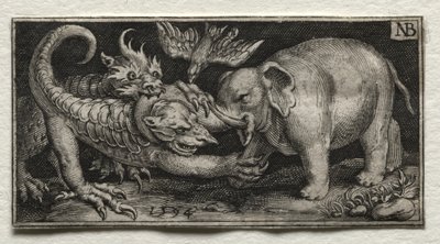 Elefant som slåss mot två odjur av Nicolaes de Bruyn