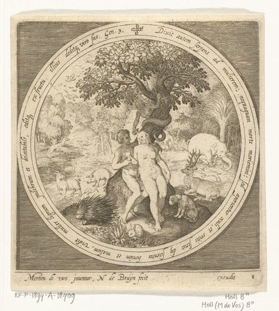 Eva blir bedragen av ormen vid kunskapens träd om gott och ont Från skapelse till utvisning från paradiset (serietitel) av Nicolaes de Bruyn