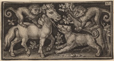 Häst med två apor och en hund av Nicolaes de Bruyn