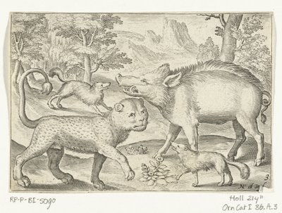 Leopard, vildsvin och hundar Animalivm qvadrvpedvm (serietitel) Djur i landskap (serietitel) av Nicolaes de Bruyn