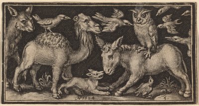 Uggla på ryggen av åsnan, fågel på ryggen av kamelen med andra djur av Nicolaes de Bruyn