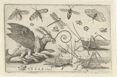 Gräshoppor och fantasiväsen med vingar och simhudsfötter Fåglar och insekter (serietitel) av Nicolaes de Bruyn