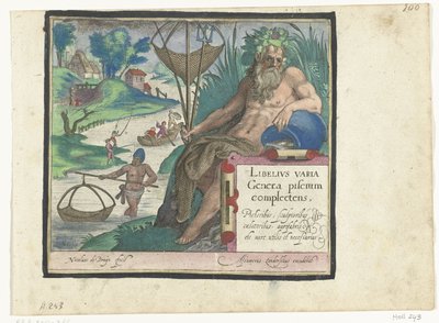 Titeltryck med titel och flodgud med treudd och fiskenät i landskap med fiskare Libelivs diverse Genera piscium complectens (serietitel) Sötvattensfisk, havsfisk, grodor, kräftdjur och havsdjur (serietitel) av Nicolaes de Bruyn