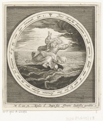 Skapelsens andra dag: Gud skiljer vattenmassorna i himmel och hav åt Från skapelse till utvisning från paradiset (serietitel) av Nicolaes de Bruyn