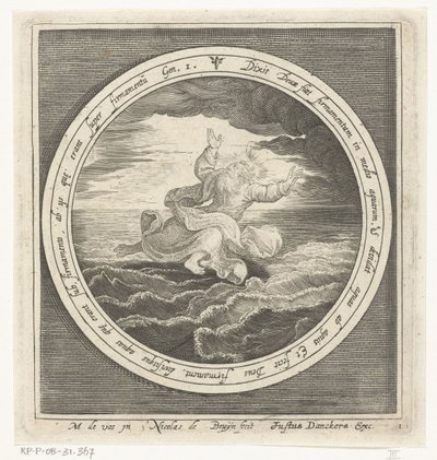Skapelsens andra dag: Gud skiljer vattenmassorna i himmel och hav åt Från skapelse till utvisning från paradiset (serietitel) av Nicolaes de Bruyn