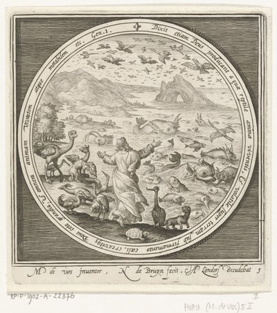 Skapelsens femte dag: Gud skapar fiskar och fåglar Från skapelse till utvisning från paradiset (serietitel) av Nicolaes de Bruyn