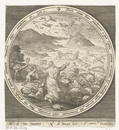 Skapelsens femte dag: Gud skapar fiskar och fåglar Från skapelse till utvisning från paradiset (serietitel) av Nicolaes de Bruyn