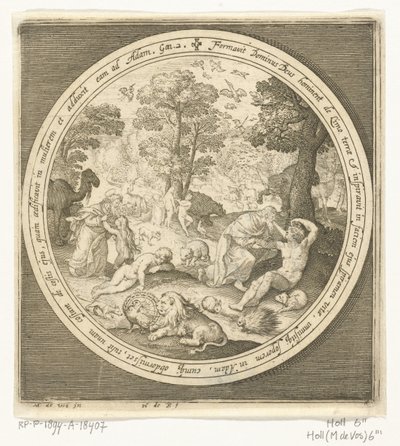Skapelsens sjätte dag: Gud skapar djuren och Adam och Eva Från skapelse till utvisning från paradiset (serietitel) av Nicolaes de Bruyn