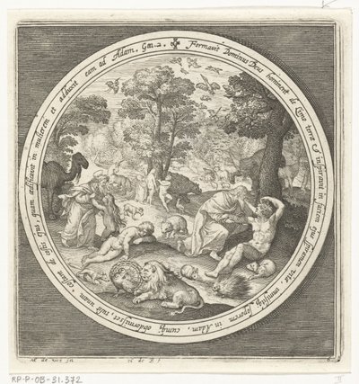 Skapelsens sjätte dag: Gud skapar djuren och Adam och Eva Från skapelse till utvisning från paradiset (serietitel) av Nicolaes de Bruyn