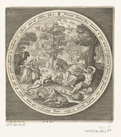 Skapelsens sjätte dag: Gud skapar djuren och Adam och Eva Från skapelse till utvisning från paradiset (serietitel) av Nicolaes de Bruyn
