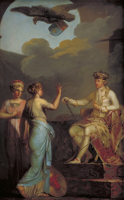 Christian VII förenade hertigen med den kungliga delen av Holstein 1773 av Nicolai Abildgaard