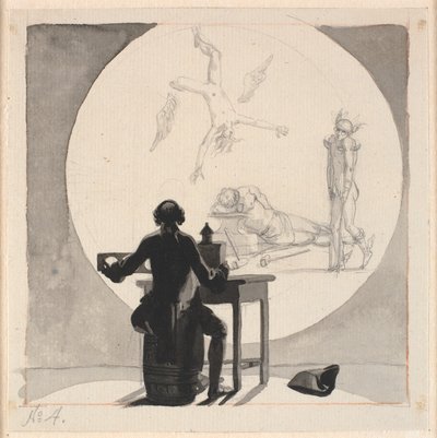 En man med en laterna magica visar en bild av handelns och hantverkets tillbakagång - den lame Merkurius, den sovande Vulcanen etc. av Nicolai Abildgaard