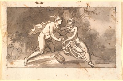 Hermes lär en ung man (Apollo?) att spela flöjt av Nicolai Abildgaard