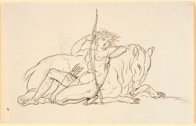 Kvinnofigur med pilar och tittare, sittande lutad mot ett imaginärt djur (eventuellt en myrslok). Allegori av Amerika av Nicolai Abildgaard