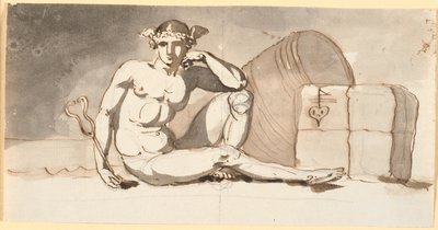 Kvicksilver, sittande vid varubalar. Allegori om handel av Nicolai Abildgaard