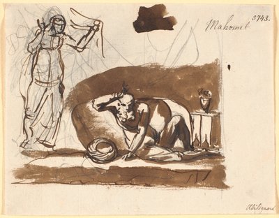 Muhammed, sittande mellan kuddar, till vänster en kvinnlig figur av Nicolai Abildgaard